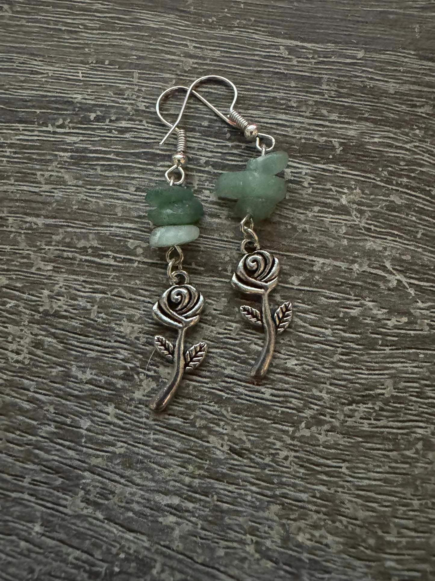 Green Aventurine with Rose Charm Hand made Earrings