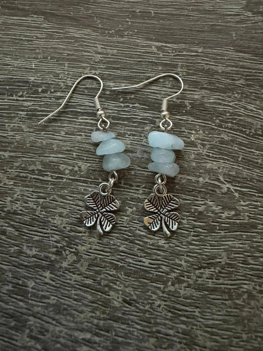 Aquamarine with 4 Leaf clover Charm Hand made Earrings