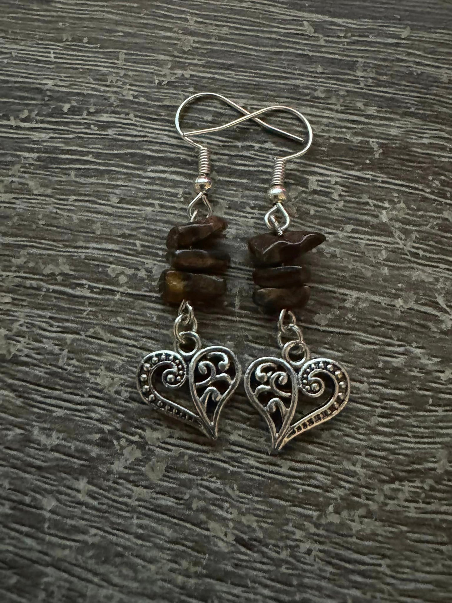 Tiger Eye with Heart Charm Hand made Earrings