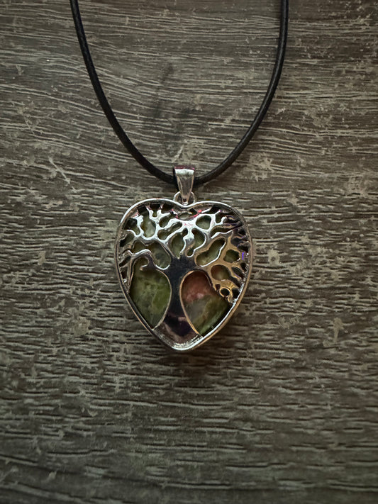 Celtic Tree Of Life in a Heart shape pendant with Unakite healing stone