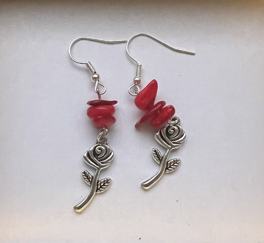 Red Coral with Rose Charm Hand made Earrings